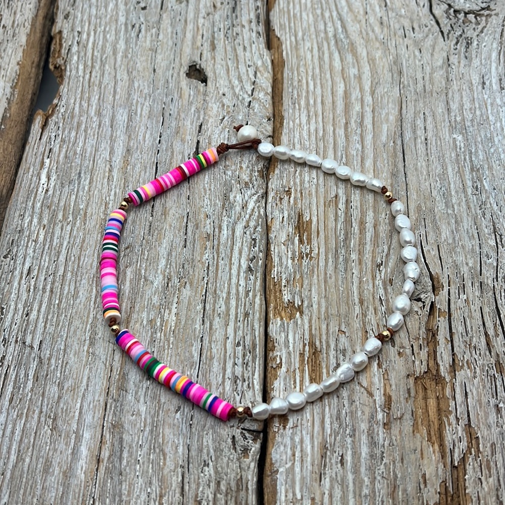 Seaside Pearls Monica Freshwater Pearl Heishi Beaded Leather Choker Necklace New